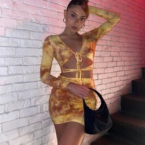 I.AM.GIA Yellow Brown Bodycon Dress Long Sleeve Plunge Night Out